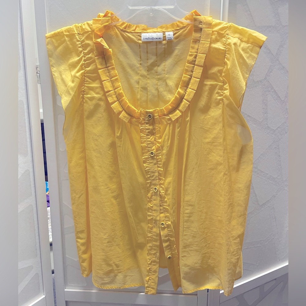 Sleeve Ruffles Button Down Shirt - Yellow - XL